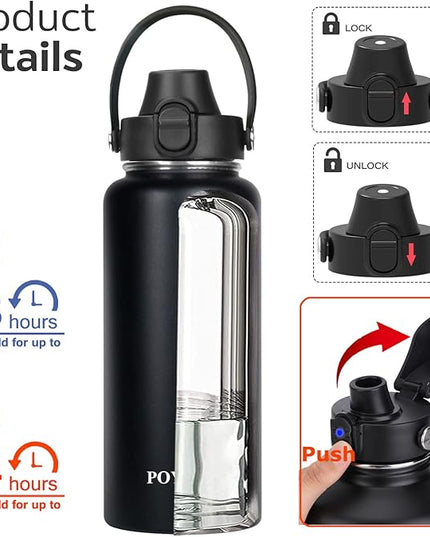 Water Bottle Insulated 32oz 40oz 64oz 128oz Straw Lid Spout Lid & 3 Lids, Leak Proof, Vacuum Insulated,Stainless Steel Water Bottle Wide Mouth for Sports, Gym or Office