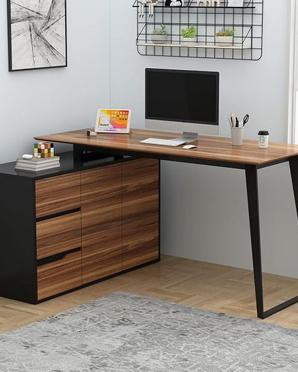 Homsee Home Office Computer Desk Corner Desk with 3 Drawers, 2 Shelves & 2 Doors, 55 Inch Large L-Shaped Study Writing Table with Storage Cabinet, Black & Brown (54.3”L x 40.9”W x 29.1”H)