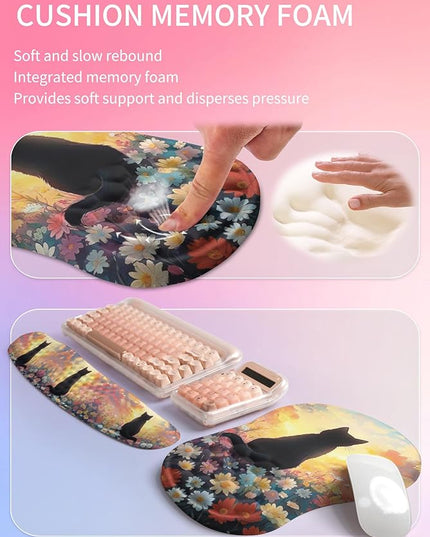 Hokafenle 2in1 Combination, Wave Keyboard Wrist Rest and Ergonomic Curvature Mouse Pad Wrist Support for Relieve Wrist Pain, Filled with Soft Cushion Memory Foam, Wishing Cat