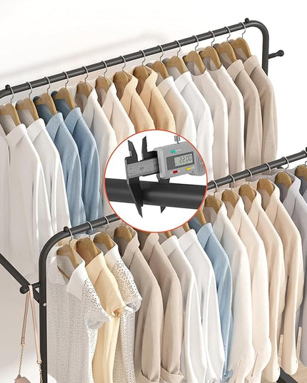 Laiensia Double Rods Garment Rack with Wheels, Clothing Rack for Hanging Clothes,4 Hooks, Multi-functional Bedroom Clothes Rack, Black