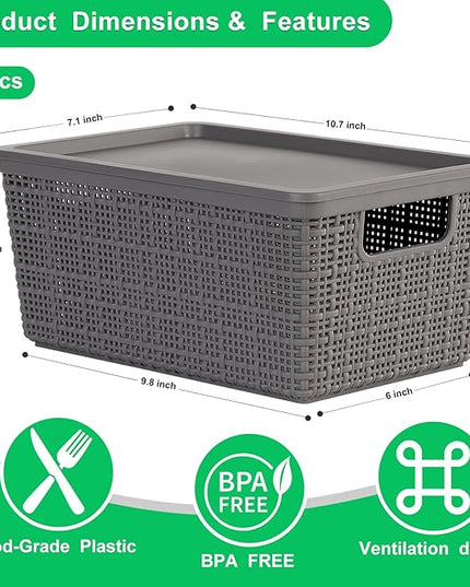 6 Pack Plastic Storage Baskets With Lids,Grey Breathable Stackable Storage Bins,Small Storage Containers,for Organizing Storage Baskets on Desktops,Closets,Playrooms,Classrooms,Offices