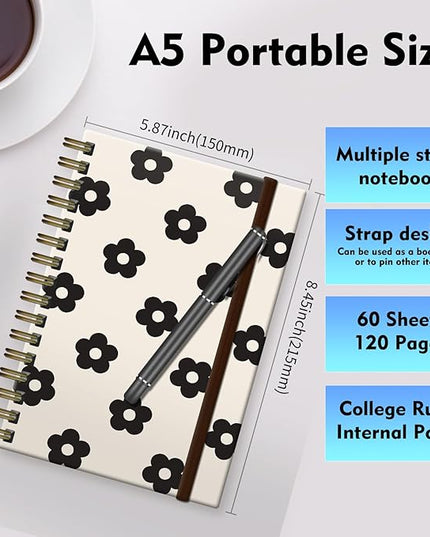 Cute Spiral Journal Notebook,A5 Hardcover Lined Journals for Women Girl 6 x 8.3 in,120 Pages Thick Paper,Cute College Ruled Writing Notebook for Gifts Office Work School (Beige Flower)