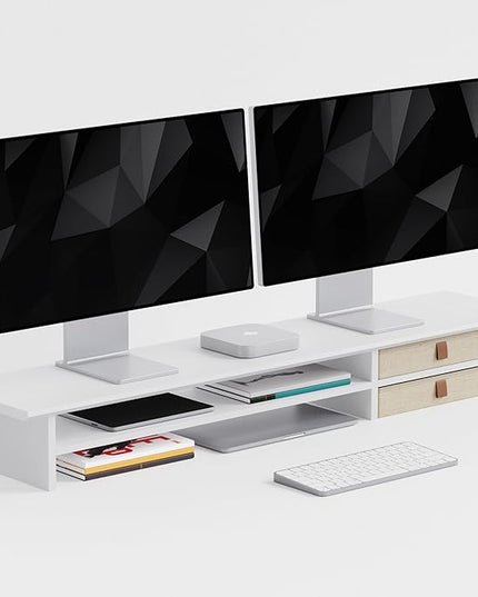 Dual‑Tier Monitor Stand Riser with Drawers, Desktop Organizer Shelf Storage for Computer Screen 2 Monitors, Supports for PC Computer Monitor, Printer, Heavy TV Riser White
