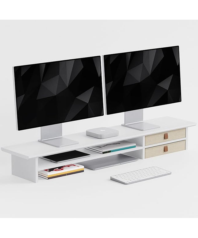 Dual‑Tier Monitor Stand Riser with Drawers, Desktop Organizer Shelf Storage for Computer Screen 2 Monitors, Supports for PC Computer Monitor, Printer, Heavy TV Riser White