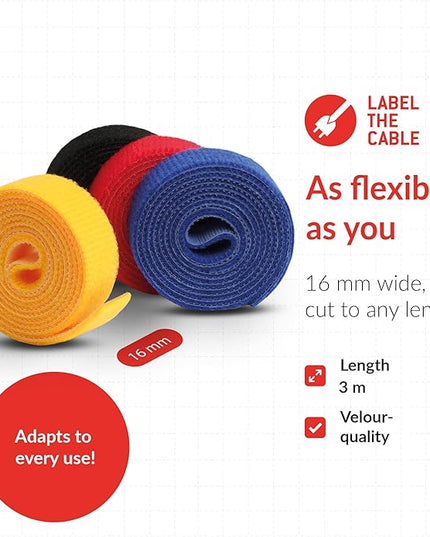 Label-the-cable Cable Management Ties Tape, Adjustable, Re-Useable/Cable Tidy/Hook and Loop Cord Organizer, Wire Management/LTC Rolls, 4 PCS, 1m x 16mm, Black, Blue, Yellow and Red, LTC 1230