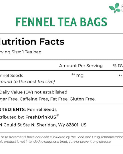 FreshDrinkUS, Premium 135 Fennel Tea Bags, 100% Natural & Pure from Fennel Seeds. Made with Natural Material Tea Bags. No Sugar, No Caffeine, No Gluten, Vegan.
