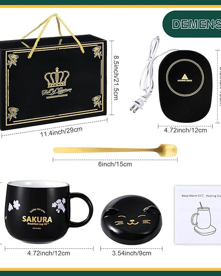 Honeydak Coffee Mug Warmer Cute Cat Mug Set Cup Warmer for Women Heated Coffee Warmers for Mom Home Office Desk Valentine's Day Anniversary Birthday Gifts(Sakura,Black)
