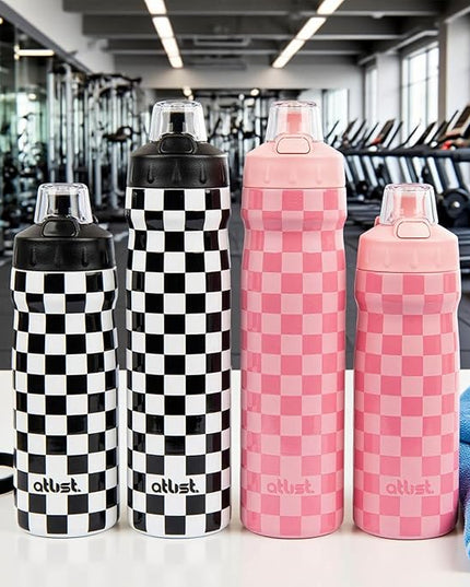 Magnetic Water Bottle with Straw 18 oz - Stainless Steel Insulated Tumbler for Gym & Bike (Fits Holders) - Leak Proof Pop-Up Lid, 2-in-1 Sip or Chug, Handle & Cute Black Checkered Print