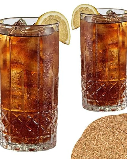 AMZ Empire 13 Oz Drinking glasses Set of 4 - Strong Glass Beautiful And Elegant Evora Highball Glasses - Cocktail Glasses, Tumbler Cup, Cold Beverage Glasses with Coasters