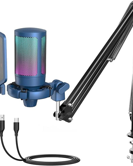 FIFINE USB Gaming Streaming Recording PC Microphone Kit, RGB Condenser Computer Mic Bundle for Podcasts, Audio, Vocal, Video on Mac/Desktop/Laptop, with Boom Arm Stand-A6T Blue