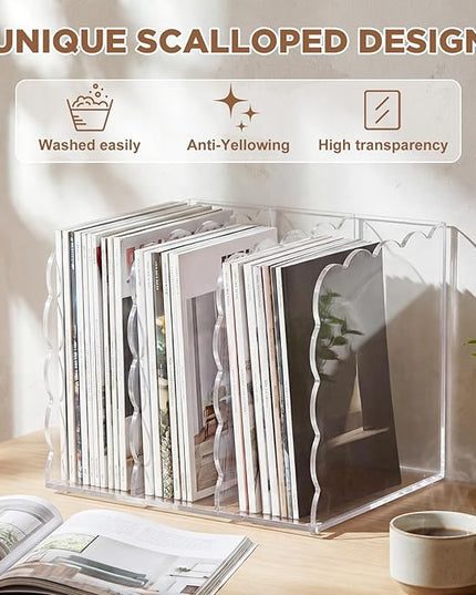 Suzile Scalloped Acrylic Magazine Holder Holder, 3-Compartment 4mm Thick, Clear Desk Organizer Vertical Bookends 8.5 x 7.3 x 6.5 Inches for Office, Documents, Tablets, Magazines, Books