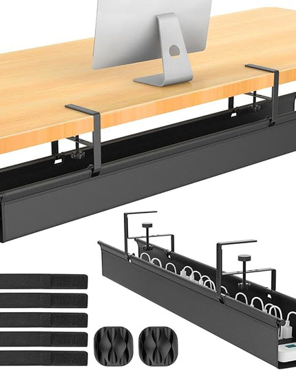 Large Under Desk Cable Management Tray, REFLYING 43.7" Cable Management Under Desk No Drill,Adjustable Clamp Cord Wire Organizer, Cord Hider for Standing Table, Wire Hider for Office,Home (Large)
