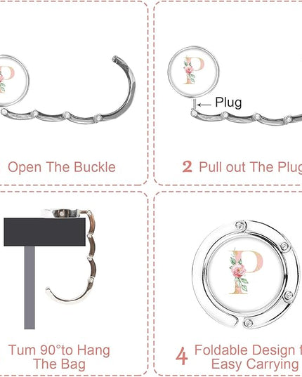 Iqimott 3pcs Personalized Initial Foldable Purse Hook for Table, Flower Letter Folding Handbag Hanger Portable Magnet Table Hook Holder, Collection Desk Purse Hooks for Women Bag (Pink-P)