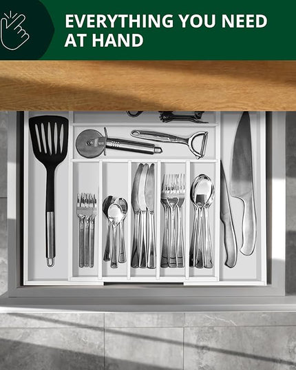 ROYAL CRAFT WOOD Luxury Bamboo Kitchen Drawer Organizer - Silverware Organizer - Utensil Holder and Cutlery Tray with Grooved Drawer Dividers for Flatware and Kitchen Utensils (9 Slot, White)