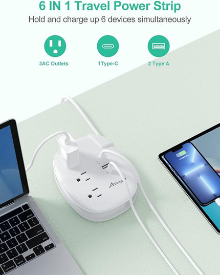 Alitayee USB C Travel Power Strip,Portable Power Strip with 3 Outlets 3 USB Ports Fast Charge, USB Extension Cord with Flat Plug and 4ft Wrapped Around Extension Cord for Cruise Travel Home Office
