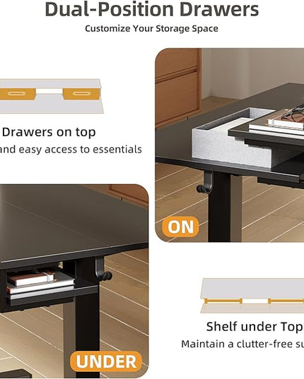 Claiks Electric Standing Desk with 2 Drawers, Adjustable Standing Desks with Storage, Height Adjustable Stand up Desk for Home Office with 2 Hooks,55 Inch Black