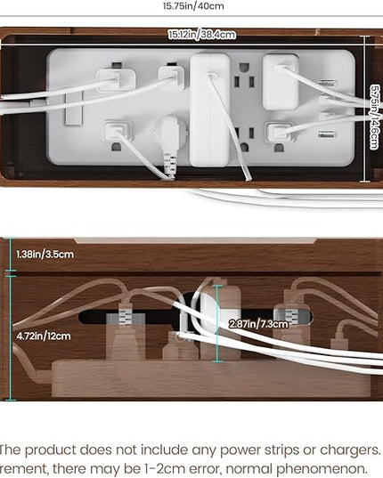 Extra Large Cable Management Box – Brown Double Layer Wooden Cord Organizer with Divider for Desk, TV Stand, Kitchen, and Office （NO Power Strips or Chargers）