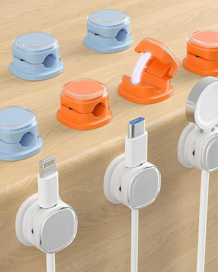 Magnetic Cable Clips, Adjustable Cord Holder Management, Adhesive Wire Keeper Organizer for Home Office Desk Phone PC Car Wall Desktop Nightstand Appliance (9-PCS White_Orange_Blue)