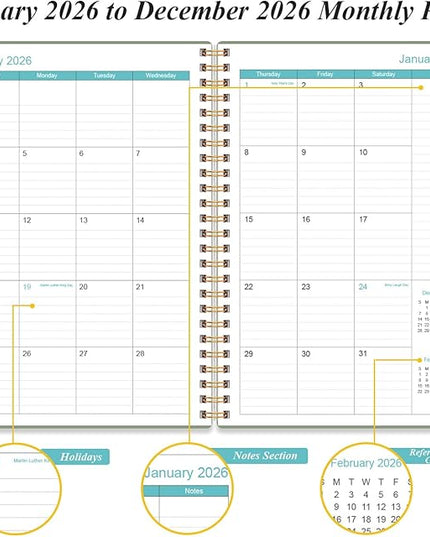 Daily Planner 2026 Full Page Per Day- 2026 Daily & Monthly Planner from January 2026 to December 2026, Day Planner 2026 with 12 Months Tabs, 6.4" x 8,5", Green