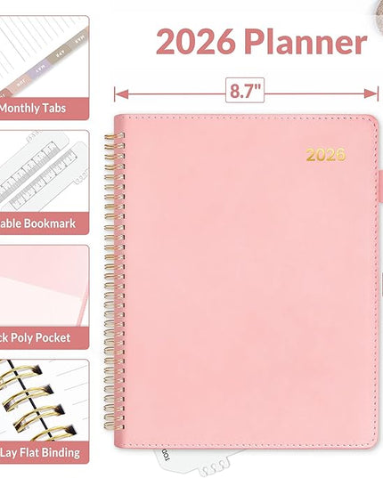 SUNEE 2026 Weekly & Monthly Planner 9"x11.2"- 12 Month (January 2026 - December 2026), Vegan Leather Cover, Pocket, Bookmark, Notes, Monthly Tab, Peach Pink