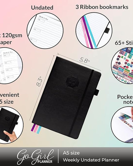 GoGirl Planner and Organizer for Women – A5 Size Weekly Planner, Goals Journal & Agenda to Improve Time Management, Productivity & Live Happier. Undated – Start Anytime, Lasts 1 Year – Black