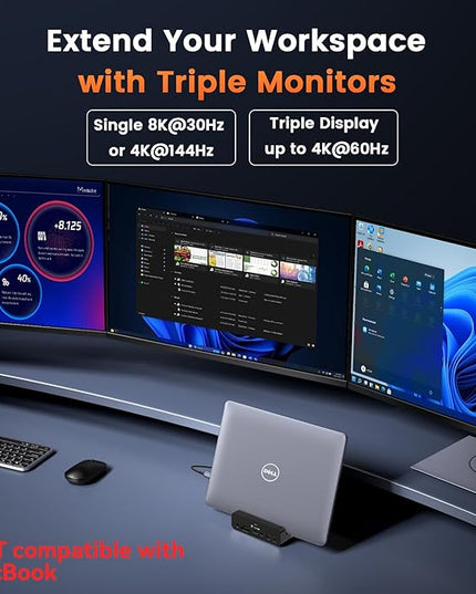 TobenONE 18-in-1 Triple 4K@60Hz Monitor Docking Station with 150W Power Supply, USB C Laptop Docking Station Stand(Single 4K@144Hz), 2.5Gbps Ethernet, 2 HDMI & DP, 8 USB, for Windows&ChromeOS
