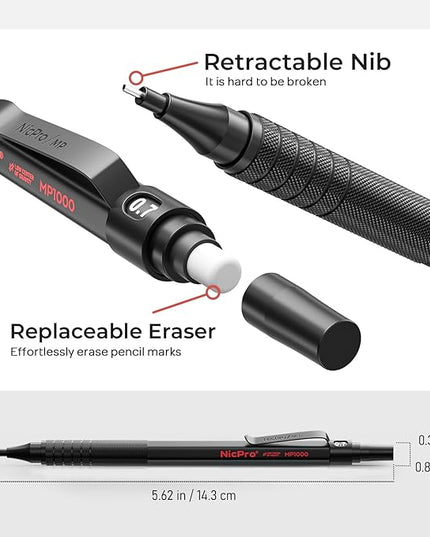 Nicpro 30PCS Black Metal Mechanical Pencil Set in Leather Case, Art Drafting Pencil 0.5, 0.7, 0.9 mm, 2mm Lead Pencil Holders for Sketching Drawing With 16 Tube (6B 4B 2B HB 2H 4H Colors)Lead Refills