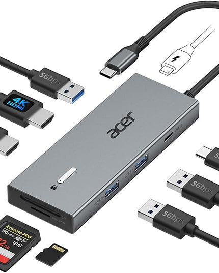 Acer USB C Docking Station Dual Monitor with 2 HDMI, 9-in-1 Laptop Docking Station with 4K@60Hz HDMI, USB A&C 3.0, SD/Micro SD, 100W PD, USB C Dock Compatible with Acer/Dell XPS/HP/Mac/Surface etc