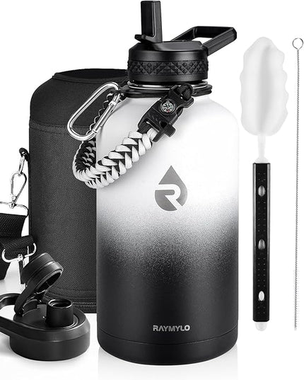 Insulated Water Bottle 64 oz, Triple Wall Vacuum Stainless Steel (Cold for 48 Hrs), Leak Proof & Non-BPA, Half Gallon Water Flask Jug with Paracord Handle & Straw Spout Lids, White/Black