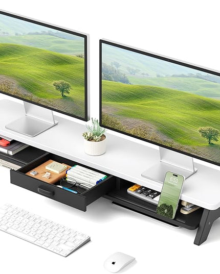 Dual Monitor Stand Riser,LED 2-Tier 39.3 Inch Computer Monitor Stand for 2 Monitors,Office Desktop Organizer with Storage Drawer and Phone Holder for Laptop,PC,Computer,Printer,White