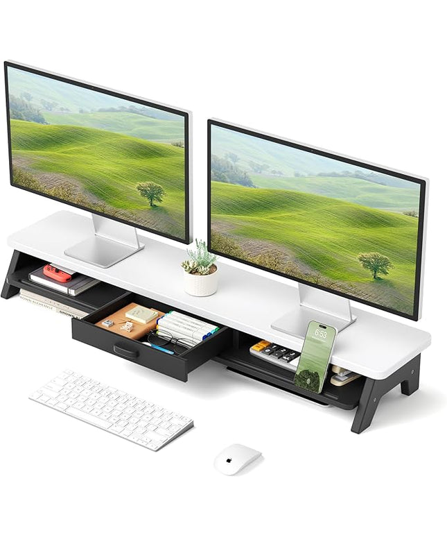 Dual Monitor Stand Riser,LED 2-Tier 39.3 Inch Computer Monitor Stand for 2 Monitors,Office Desktop Organizer with Storage Drawer and Phone Holder for Laptop,PC,Computer,Printer,White