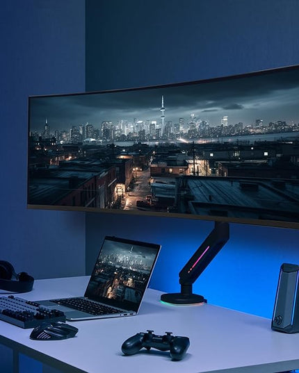 AVLT Single 27”-45” RGB Gaming Monitor Arm Desk Mount Built-in 20 Lighting Modes Touch Button Control Fits Flat/Curved/Ultrawide Screen Height Swivel Tilt Rotation Adjustable Stand -Black