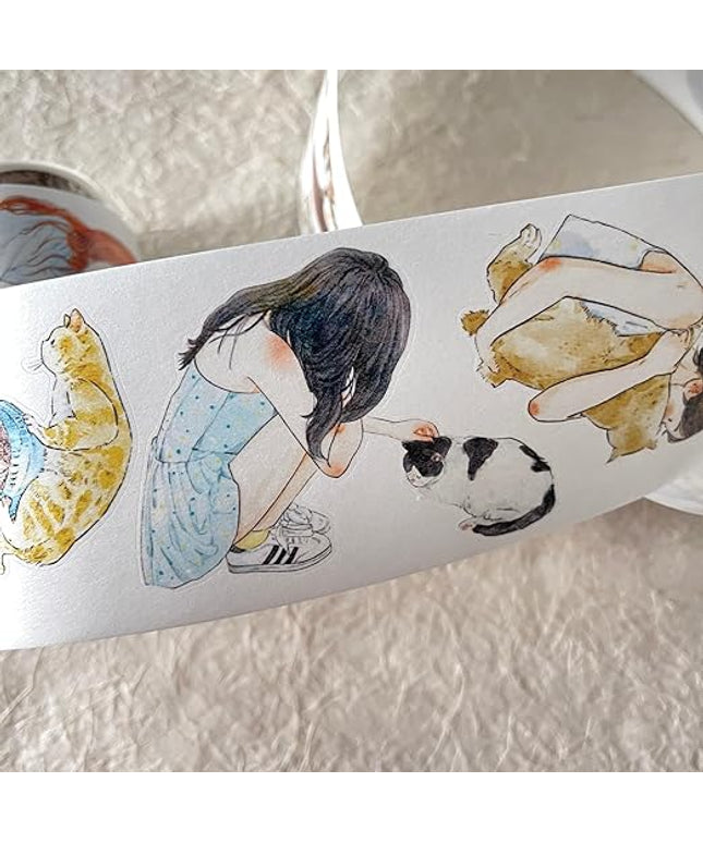 DingDing Vol9-32 My Pet Baby,Pre-Cut Washi Paper PET Tape Stickers,Original Design Vintage Girls&Cute Pets Playing,for Scrapbook Supplies,Scrapbook Tape, Journaling Stickers,Bullet Journals