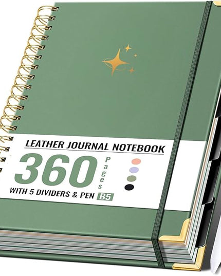 FLYING EAGLE Leather Spiral Notebooks for Work 5 Subject Notebook College Ruled with Dividers Pen, 360 Pages B5 Hardcover Lined Journals for Women Men Writing,Green