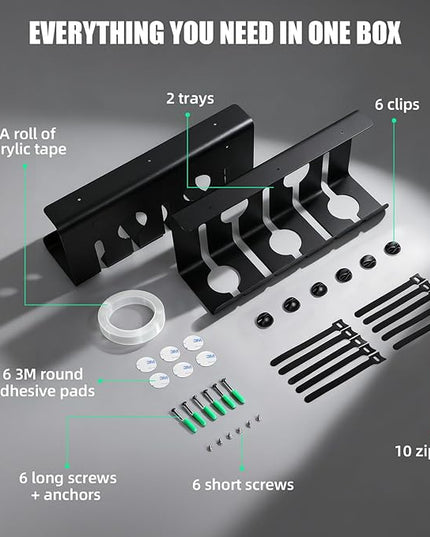 2 Pack Under Desk Cable Management Tray, 16.5" L x 4.7" W x 6.8" H, Wire Organizer for Power Strip, Tape Mount or Screw Mount, Easy Install Cord Raceway for Desk & Home
