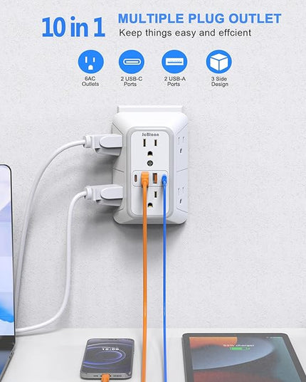 3 Pack Surge Protector Outlet Extender, 6 Outlet Splitter with 4 USB Ports (2 USB C), Multi Plug Wall Outlet 1050J Power Strip, USB Wall Charger for Home Office Kitchen Travel