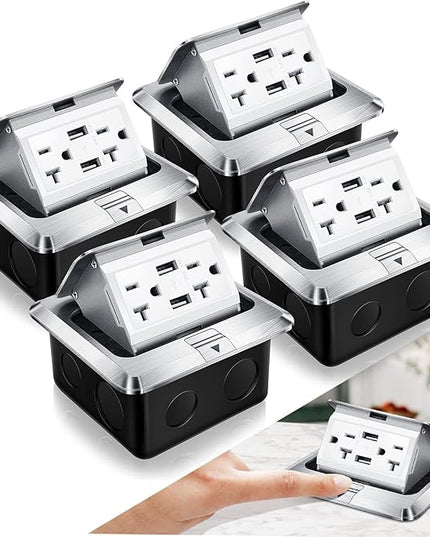 Hoolerry 4 Pack Pop up Floor Electrical Outlet Cover Box Kit with 4.8A USB Charger 20Amp Waterproof Weatherproof Floor Tamper Resistant Outlet Receptacle for Countertop Home (Silver)