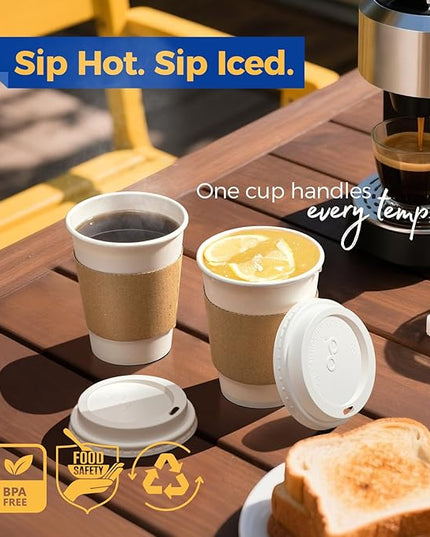 Fit Meal Prep 50 Pack 12 oz Disposable Coffee Cups with Lids, Sleeves, Leak-Proof To Go Coffee Cups with Lids, Durable Hot Paper Cups for Home, Office, Party, Business