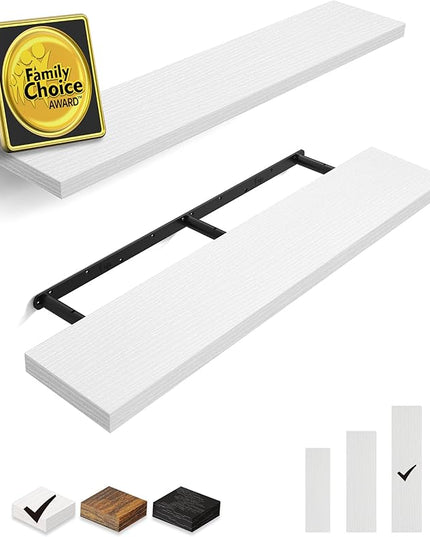 BAYKA Floating Shelves, 48 inches Long Heavy Duty Wall Mounted Rustic Wood Shelves for Bathroom, Bedroom, Living Room, Kitchen, Office, Hanging Shelf for Books/Storage/Decor(White,Set of 2)