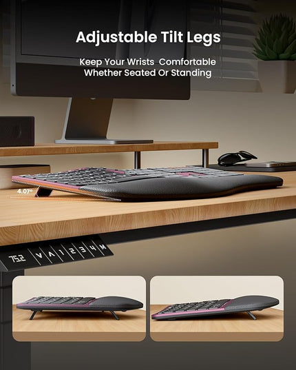 ProtoArc Ergonomic Wireless Keyboard Mouse, EKM01 Plus Full Size Ergo Bluetooth Keyboard Mouse Combo, Split Design, Wrist Rest, Multi-Device, Rechargeable, for Windows/Mac OS - Wine Red