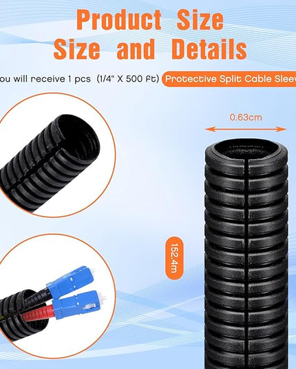 Sasylvia 1/4" X 500 ft Split Wire Loom Cord Protector Tubing Split Conduit Protector Tubing Convoluted Tube Flexible Electrical Wire Cover Protective Sleeves(Black)
