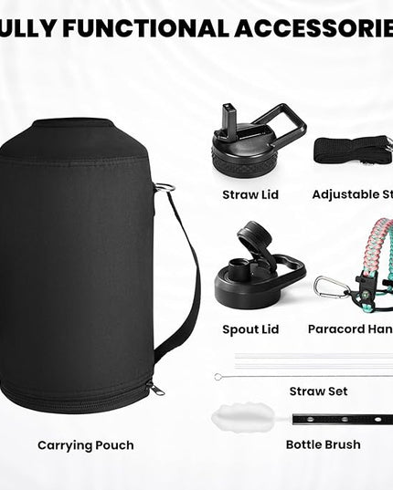 One Gallon Water Bottle Insulated, Triple Walled Vacuum Stainless Steel (Cold for 48 Hrs), Leak Proof & Non-BPA, Large Water Flask Jug with Paracord Handle & Straw Spout Lids