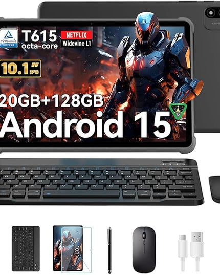 Android 15 Tablet 10 inch, 2025 Tablet with Keyboard, 2-in-1 Tablets with T615 Octa-Core, 20GB+128GB+2TB Expand, Gemini AI, 8MP Camera, 6000mAh, Android tablet with Keyboard, Mouse, Case, Stylus