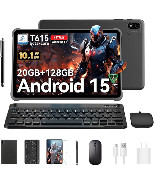 Android 15 Tablet 10 inch, 2025 Tablet with Keyboard, 2-in-1 Tablets with T615 Octa-Core, 20GB+128GB+2TB Expand, Gemini AI, 8MP Camera, 6000mAh, Android tablet with Keyboard, Mouse, Case, Stylus