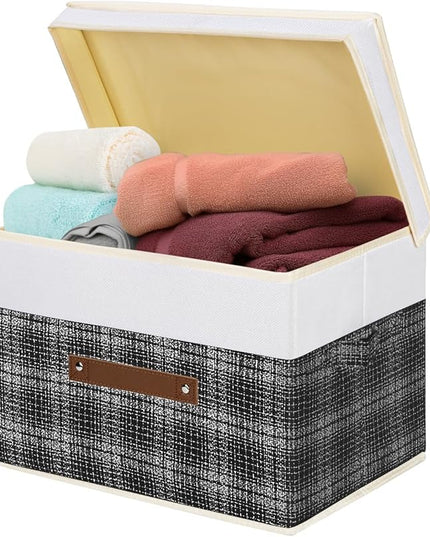 TYEERS Collapsible Storage Bins with Lids, Patchwork Design, Washable, Fabric Storage Boxes, 14.9x9.8x9.8 inches, 5 Pack, Black