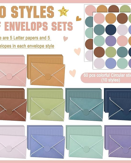 TaoBary 160 Packs Stationery Paper Set (50 Double Sided Stationery Writing Papers 50 Matching Envelopes) 60 Round Dot Sticker, 10 Design (Morandi Color)