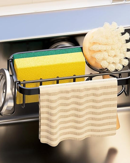 TAILI 4-in-1 Sponge Holder for Kitchen Sink with Strong Suction Cup Removable, Rustproof Aluminum Sink Caddy for Sponge, Brush, Scrubber, Scraper -Black