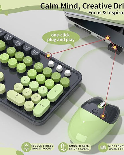Wireless Keyboard and Mouse, MOFII 104 Round Keycaps Retro Typewriter with OTG & Brush, Full-Size Ergonomic, Ideal for Windows PC, Home, Office and College Gray Green