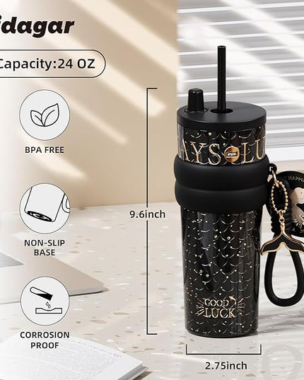 24 oz Tumbler with Lid and Straw, Insulated Coffee Mug Leak Proof, Portable Iced Travel Water Bottle, Reusable Thermal Coffee Cup, Gifts for Women, Mystic Black