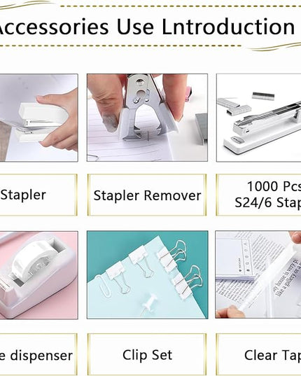 Office Supplies,Desk Accessories, Stapler and Tape Dispenser Set for Women with Stapler, Tape Dispenser, Staple Remover, Staples, Clips, Scissor and Tabs,Gift for Students, Coworkers